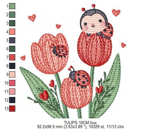 Flowers embroidery designs - Tulips with ladybuy machine embroidery pattern - Red Roses file - Kitchen Grandma Towel - Instant download pes