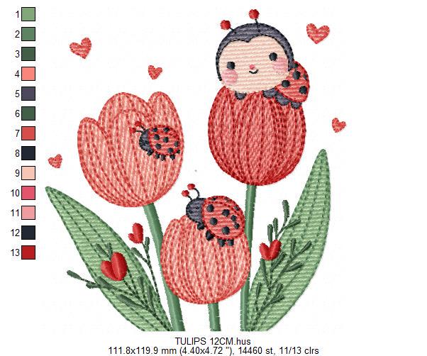 Flowers embroidery designs - Tulips with ladybuy machine embroidery pattern - Red Roses file - Kitchen Grandma Towel - Instant download pes