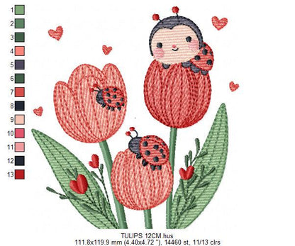 Flowers embroidery designs - Tulips with ladybuy machine embroidery pattern - Red Roses file - Kitchen Grandma Towel - Instant download pes