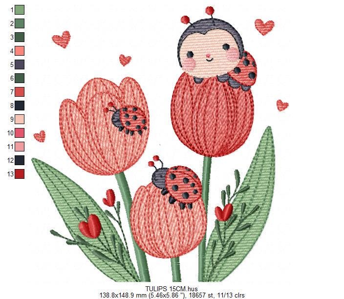 Flowers embroidery designs - Tulips with ladybuy machine embroidery pattern - Red Roses file - Kitchen Grandma Towel - Instant download pes