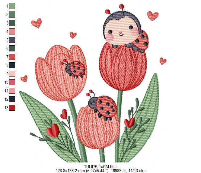 Flowers embroidery designs - Tulips with ladybuy machine embroidery pattern - Red Roses file - Kitchen Grandma Towel - Instant download pes