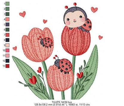 Flowers embroidery designs - Tulips with ladybuy machine embroidery pattern - Red Roses file - Kitchen Grandma Towel - Instant download pes