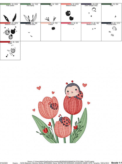 Flowers embroidery designs - Tulips with ladybuy machine embroidery pattern - Red Roses file - Kitchen Grandma Towel - Instant download pes