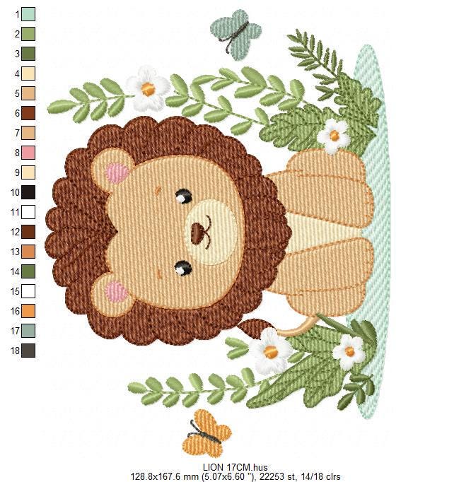 Lion embroidery designs - Safari wild animal machine embroidery pattern - Baby boy file - Flowers, Plants, Butterfly - Instant download pes