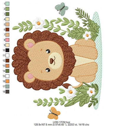 Lion embroidery designs - Safari wild animal machine embroidery pattern - Baby boy file - Flowers, Plants, Butterfly - Instant download pes