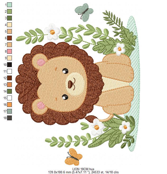 Lion embroidery designs - Safari wild animal machine embroidery pattern - Baby boy file - Flowers, Plants, Butterfly - Instant download pes