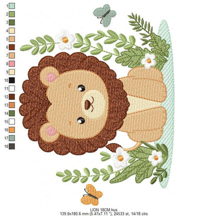 Lion embroidery designs - Safari wild animal machine embroidery pattern - Baby boy file - Flowers, Plants, Butterfly - Instant download pes