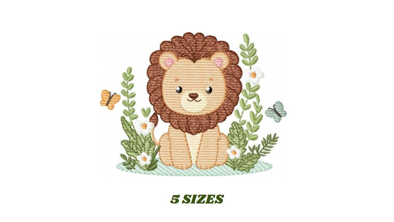 Lion embroidery designs - Safari wild animal machine embroidery pattern - Baby boy file - Flowers, Plants, Butterfly - Instant download pes