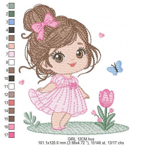 Baby girl embroidery designs - Girl with long hair bun machine embroidery pattern - Princess with flowers file - Instant download pes jef
