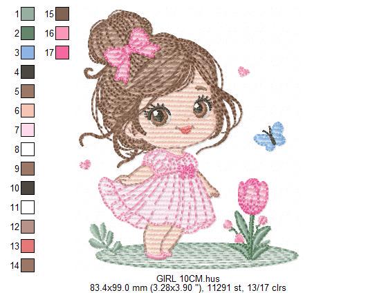 Baby girl embroidery designs - Girl with long hair bun machine embroidery pattern - Princess with flowers file - Instant download pes jef