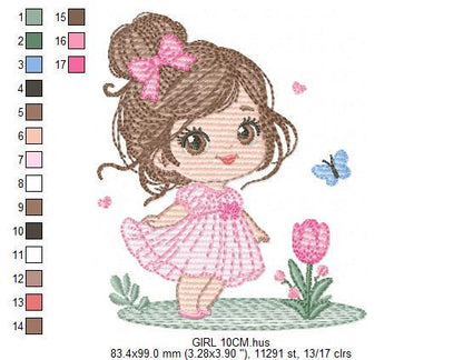 Baby girl embroidery designs - Girl with long hair bun machine embroidery pattern - Princess with flowers file - Instant download pes jef