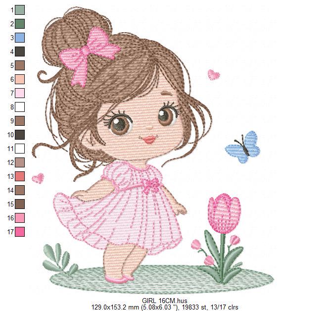 Baby girl embroidery designs - Girl with long hair bun machine embroidery pattern - Princess with flowers file - Instant download pes jef