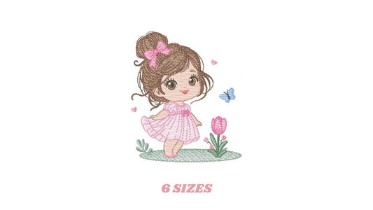 Baby girl embroidery designs - Girl with long hair bun machine embroidery pattern - Princess with flowers file - Instant download pes jef