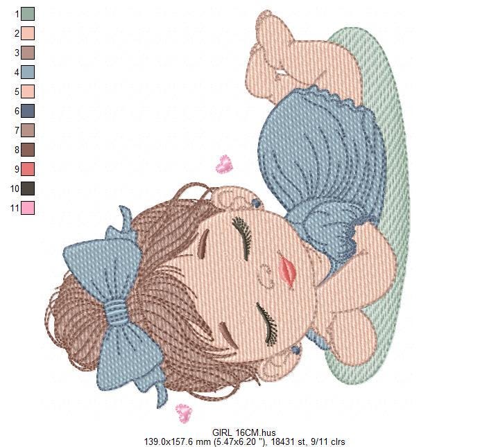 Sleeping Baby girl embroidery designs - Laying Child with long hair machine embroidery pattern - Princess embroidery file - Instant download