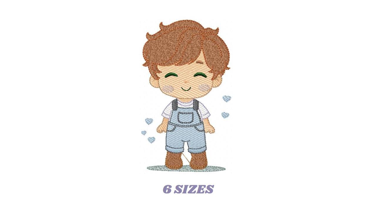 Boy with overall embroidery design - Children machine embroidery pattern - Baby Boy Kid with hearts file - Instant download pes jef dst hus