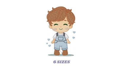 Boy with overall embroidery design - Children machine embroidery pattern - Baby Boy Kid with hearts file - Instant download pes jef dst hus