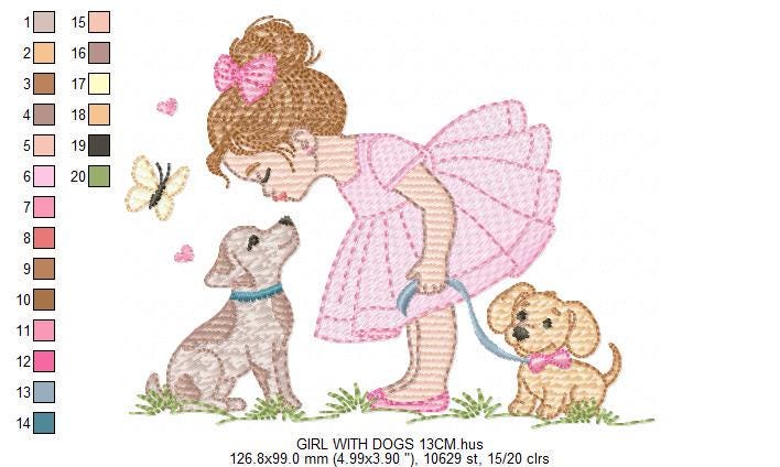 Baby Girl with dogs embroidery designs - Dogwalker machine embroidery pattern - Girl with puppies file - Instant digital download pes jef