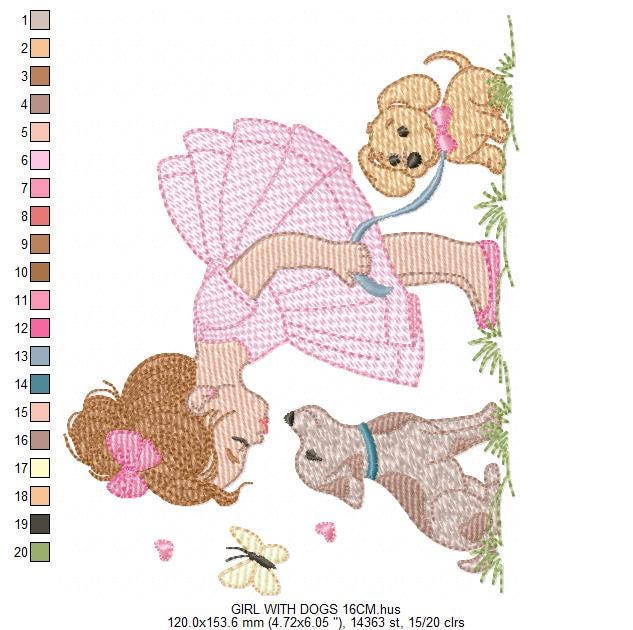 Baby Girl with dogs embroidery designs - Dogwalker machine embroidery pattern - Girl with puppies file - Instant digital download pes jef