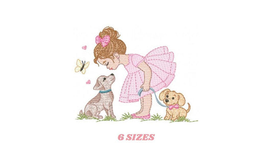 Baby Girl with dogs embroidery designs - Dogwalker machine embroidery pattern - Girl with puppies file - Instant digital download pes jef