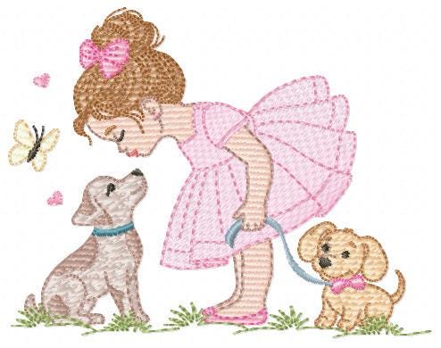 Baby Girl with dogs embroidery designs - Dogwalker machine embroidery pattern - Girl with puppies file - Instant digital download pes jef