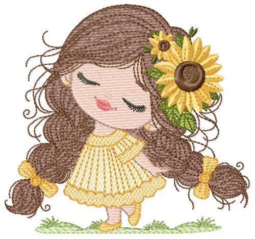 Baby Girl with long hair embroidery designs - Young girl machine embroidery pattern - Girl with yellow dress and flower - Instant download