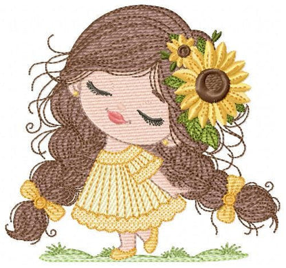Baby Girl with long hair embroidery designs - Young girl machine embroidery pattern - Girl with yellow dress and flower - Instant download