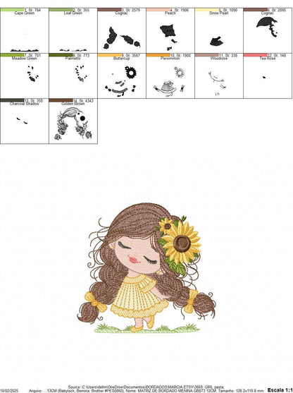 Baby Girl with long hair embroidery designs - Young girl machine embroidery pattern - Girl with yellow dress and flower - Instant download