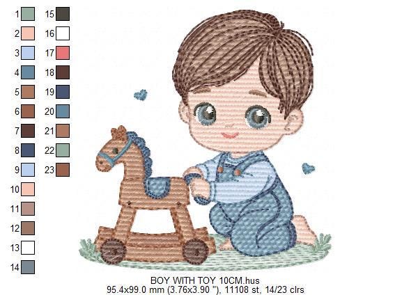 Baby Boy with toy horse embroidery designs - Toddler playing machine embroidery pattern - Boy with overalls - Instant digital download pes