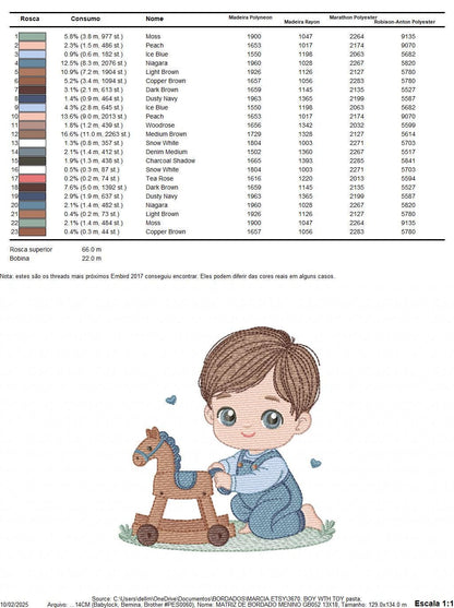 Baby Boy with toy horse embroidery designs - Toddler playing machine embroidery pattern - Boy with overalls - Instant digital download pes