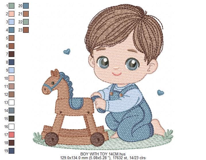 Baby Boy with toy horse embroidery designs - Toddler playing machine embroidery pattern - Boy with overalls - Instant digital download pes