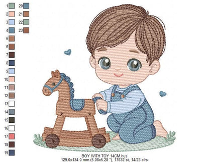 Baby Boy with toy horse embroidery designs - Toddler playing machine embroidery pattern - Boy with overalls - Instant digital download pes