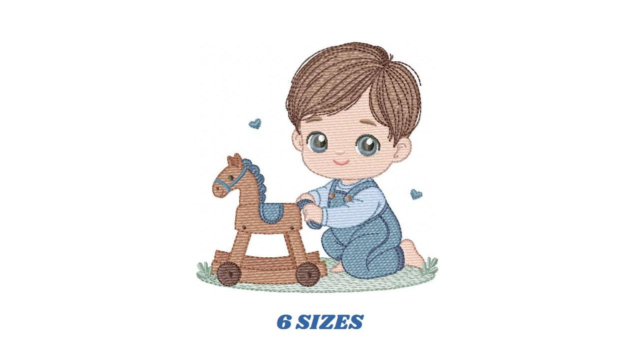 Baby Boy with toy horse embroidery designs - Toddler playing machine embroidery pattern - Boy with overalls - Instant digital download pes