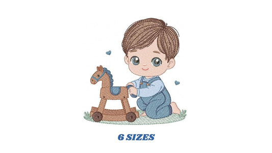 Baby Boy with toy horse embroidery designs - Toddler playing machine embroidery pattern - Boy with overalls - Instant digital download pes