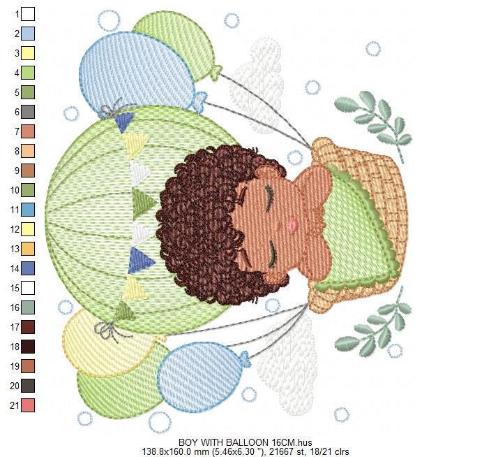 Sleeping Baby Boy with Balloons embroidery designs - Boy with black curly hair machine embroidery pattern - Birth Chart - Instant download