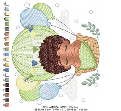 Sleeping Baby Boy with Balloons embroidery designs - Boy with black curly hair machine embroidery pattern - Birth Chart - Instant download