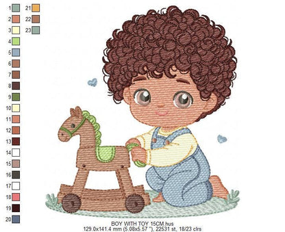 Boy with toy horse embroidery designs - Baby Boy with black curly hair machine embroidery pattern - Kid playing with toys - instant download