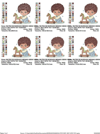 Boy with toy horse embroidery designs - Baby Boy with black curly hair machine embroidery pattern - Kid playing with toys - instant download