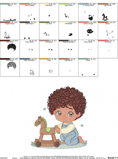 Boy with toy horse embroidery designs - Baby Boy with black curly hair machine embroidery pattern - Kid playing with toys - instant download