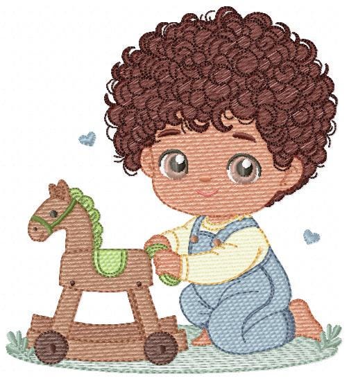 Boy with toy horse embroidery designs - Baby Boy with black curly hair machine embroidery pattern - Kid playing with toys - instant download