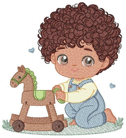 Boy with toy horse embroidery designs - Baby Boy with black curly hair machine embroidery pattern - Kid playing with toys - instant download