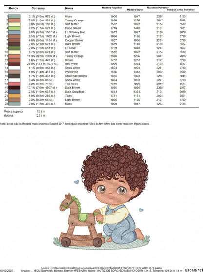 Boy with toy horse embroidery designs - Baby Boy with black curly hair machine embroidery pattern - Kid playing with toys - instant download
