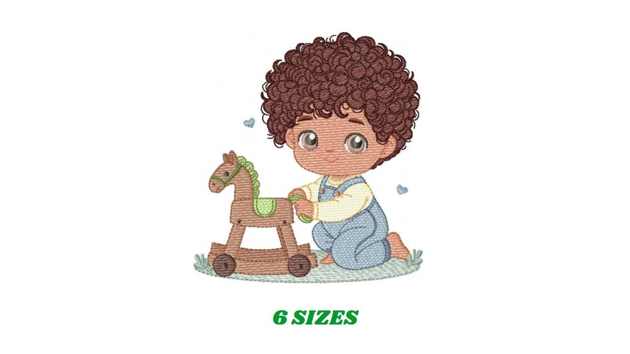 Boy with toy horse embroidery designs - Baby Boy with black curly hair machine embroidery pattern - Kid playing with toys - instant download