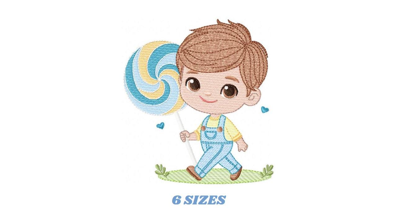 Baby boy embroidery design - Boy with lollipop machine embroidery pattern - Kid with overall embroidery file - Instant download pes jef dst