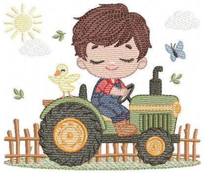 Boy with tractor embroidery designs - Baby Farmer machine embroidery pattern - Tractor embroidery file - Instant download pes jef dst hus