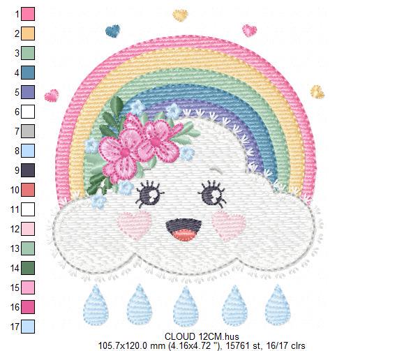 Raining Cloud embroidery design - Colorful Rainbow machine embroidery pattern - Cloud with happy face - Instant digital download pes jef dst