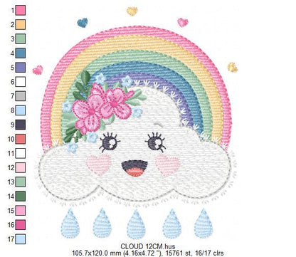 Raining Cloud embroidery design - Colorful Rainbow machine embroidery pattern - Cloud with happy face - Instant digital download pes jef dst