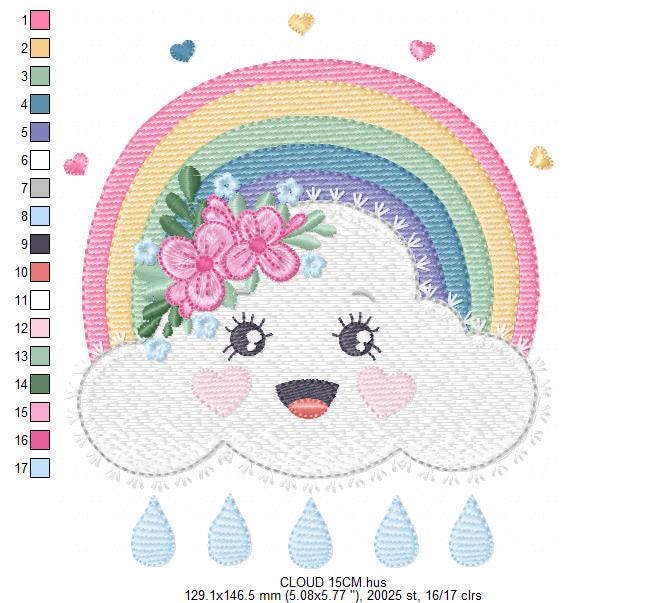 Raining Cloud embroidery design - Colorful Rainbow machine embroidery pattern - Cloud with happy face - Instant digital download pes jef dst
