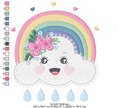 Raining Cloud embroidery design - Colorful Rainbow machine embroidery pattern - Cloud with happy face - Instant digital download pes jef dst