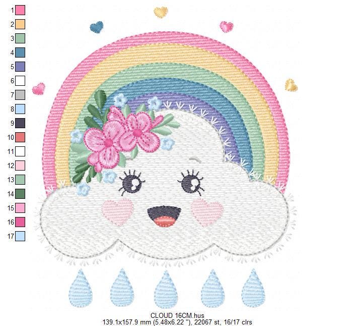 Raining Cloud embroidery design - Colorful Rainbow machine embroidery pattern - Cloud with happy face - Instant digital download pes jef dst