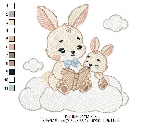 Bunny reading embroidery design - Rabbit with cub machine embroidery pattern - Baby boy reading a book file - Instant download pes jef hus
